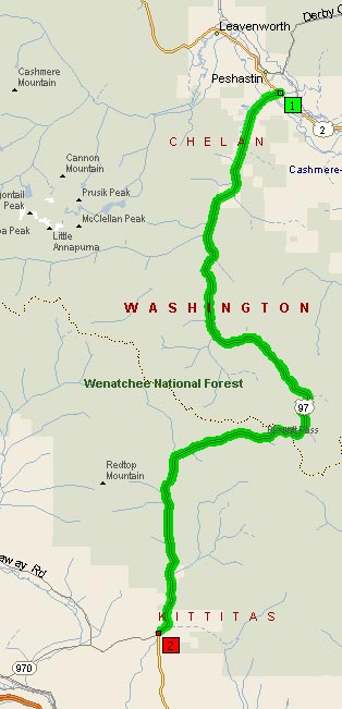 Map of the US97 section traversing Blewett Pass