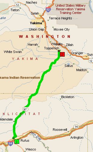 Route of US97 from Maryhill to Toppenish